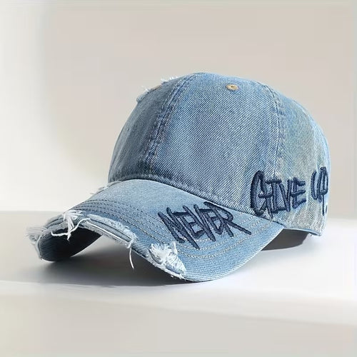 Vintage Distressed Denim Baseball Cap – “Never Give Up!