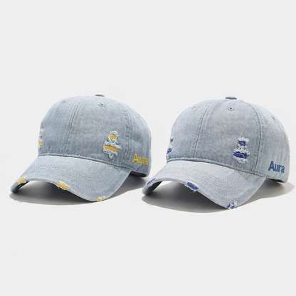 Aura - Vintage Washed Denim Cap – Unisex Street Style Snapback