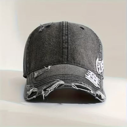 Vintage Distressed Denim Baseball Cap – “Never Give Up!